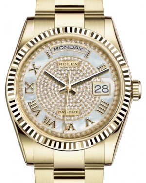 Rolex Day-Date 36 Yellow Gold White Mother of Pearl Diamond Paved Roman Dial & Fluted Bezel Oyster Bracelet 118238 - BRAND NEW