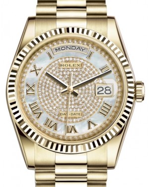 Rolex Day-Date 36 Yellow Gold White Mother of Pearl Diamond Paved Roman Dial & Fluted Bezel President Bracelet 118238 - BRAND NEW