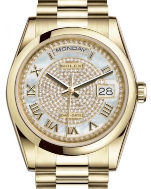 Rolex Day-Date 36 Yellow Gold White Mother of Pearl Diamond Paved Roman Dial & Smooth Domed Bezel President Bracelet 118208 - BRAND NEW