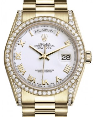 Rolex Day-Date 36 Yellow Gold White Roman Dial & Diamond Set Case & Bezel President Bracelet 118388 - BRAND NEW