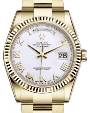 Rolex Day-Date 36 Yellow Gold White Roman Dial & Fluted Bezel Oyster Bracelet 118238 - BRAND NEW