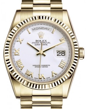 Rolex Day-Date 36 Yellow Gold White Roman Dial & Fluted Bezel President Bracelet 118238 - BRAND NEW
