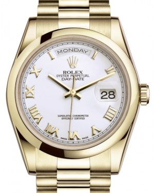 Rolex Day-Date 36 Yellow Gold White Roman Dial & Smooth Domed Bezel President Bracelet 118208 - BRAND NEW