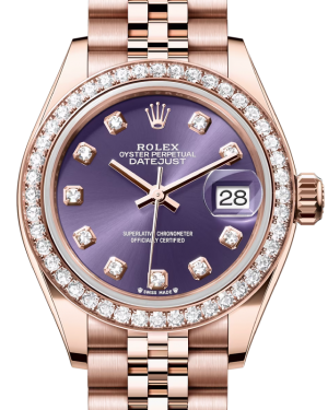Rolex Lady Datejust 28 Rose Gold Aubergine Diamond Dial & Diamond Bezel Jubilee Bracelet 279135RBR - BRAND NEW