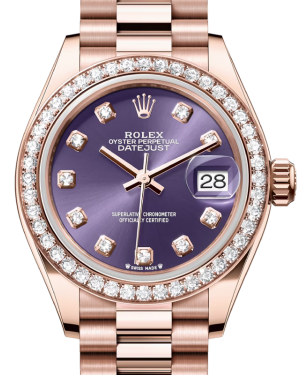 Rolex Lady Datejust 28 Rose Gold Aubergine Diamond Dial & Diamond Bezel President Bracelet 279135RBR - BRAND NEW