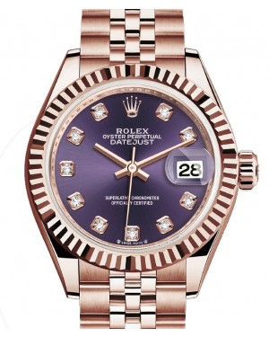 Rolex Lady Datejust 28 Rose Gold Aubergine Diamond Dial & Fluted Bezel Jubilee Bracelet 279175 - BRAND NEW