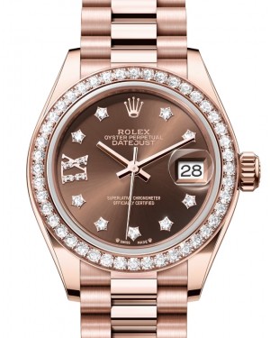 Rolex Lady Datejust 28 Rose Gold Chocolate Diamond IX Dial & Diamond Bezel President Bracelet 279135RBR - BRAND NEW