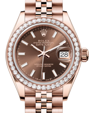 Rolex Lady Datejust 28 Rose Gold Chocolate Index Dial & Diamond Bezel Jubilee Bracelet 279135RBR - BRAND NEW