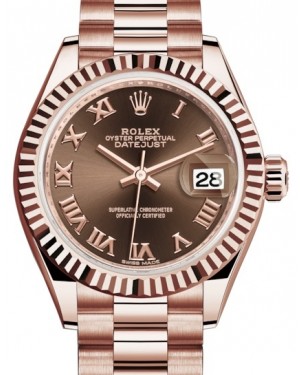 Rolex Lady Datejust 28 Rose Gold Chocolate Roman Dial & Fluted Bezel President Bracelet 279175 - BRAND NEW