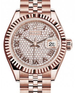 Rolex Lady Datejust 28 Rose Gold Diamond Paved Roman Dial & Fluted Bezel Jubilee Bracelet 279175 - BRAND NEW