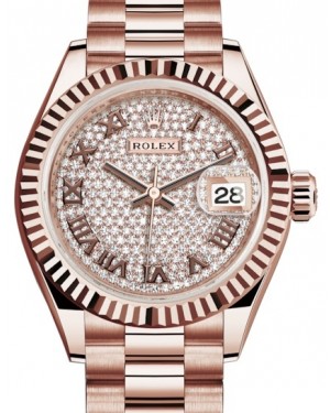 Rolex Lady Datejust 28 Rose Gold Diamond Paved Roman Dial & Fluted Bezel President Bracelet 279175 - BRAND NEW