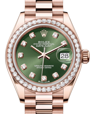 Rolex Lady Datejust 28 Rose Gold Olive Green Diamond Dial & Diamond Bezel President Bracelet 279135RBR - BRAND NEW
