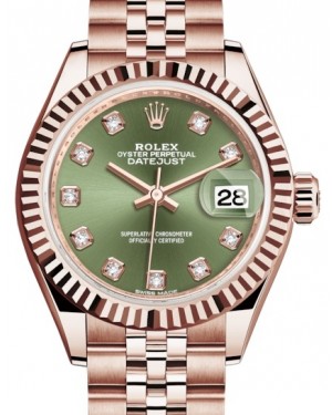 Rolex Lady Datejust 28 Rose Gold Olive Green Diamond Dial & Fluted Bezel Jubilee Bracelet 279175 - BRAND NEW
