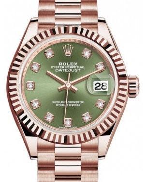 Rolex Lady Datejust 28 Rose Gold Olive Green Diamond Dial & Fluted Bezel President Bracelet 279175 - BRAND NEW