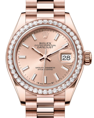 Rolex Lady Datejust 28 Rose Gold Rose Index Dial & Diamond Bezel President Bracelet 279135RBR - BRAND NEW