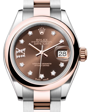 Rolex Lady Datejust 28 Rose Gold/Steel Chocolate Diamond IX Dial & Smooth Domed Bezel Oyster Bracelet 279161 - BRAND NEW