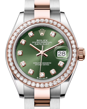 Rolex Lady Datejust 28 Rose Gold/Steel Olive Green Diamond Dial & Diamond Bezel Oyster Bracelet 279381RBR - BRAND NEW