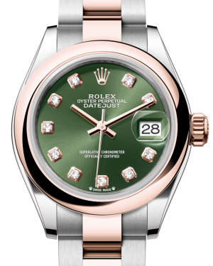 Rolex Lady Datejust 28 Rose Gold/Steel Olive Green Diamond Dial & Smooth Domed Bezel Oyster Bracelet 279161 - BRAND NEW
