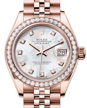 Rolex Lady Datejust 28 Rose Gold White Mother of Pearl Diamond Dial & Diamond Bezel Jubilee Bracelet 279135RBR - BRAND NEW