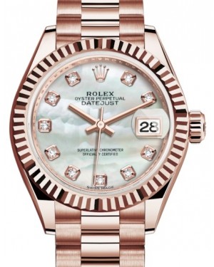 Rolex Lady Datejust 28 Rose Gold White Mother of Pearl Diamond Dial & Fluted Bezel President Bracelet 279175 - BRAND NEW
