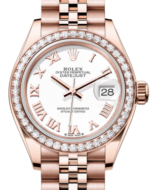 Rolex Lady Datejust 28 Rose Gold White Roman Dial & Diamond Bezel Jubilee Bracelet 279135RBR - BRAND NEW