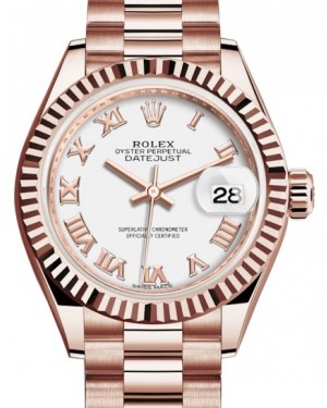 Rolex Lady Datejust 28 Rose Gold White Roman Dial & Fluted Bezel President Bracelet 279175 - BRAND NEW