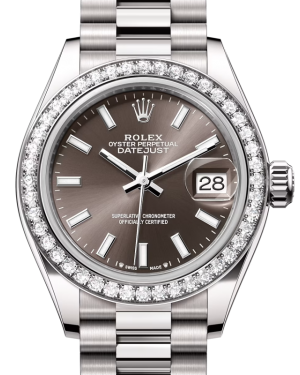 Rolex Lady Datejust 28 White Gold Dark Grey Index Dial & Diamond Bezel President Bracelet 279139RBR - BRAND NEW