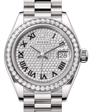 Rolex Lady Datejust 28 White Gold Diamond Paved Roman Dial Diamond Bezel President Bracelet 279139RBR - BRAND NEW