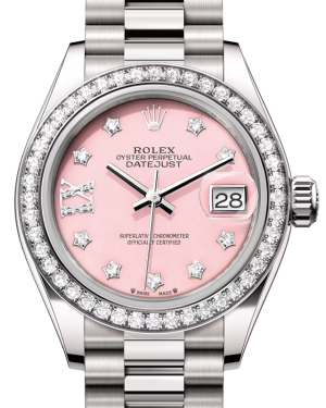 Rolex Lady Datejust 28 White Gold Pink Opal Diamond IX Dial & Diamond Bezel President Bracelet 279139RBR - BRAND NEW