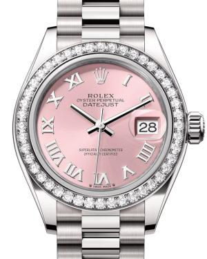 Rolex Lady Datejust 28 White Gold Pink Roman Dial & Diamond Bezel President Bracelet 279139RBR - BRAND NEW