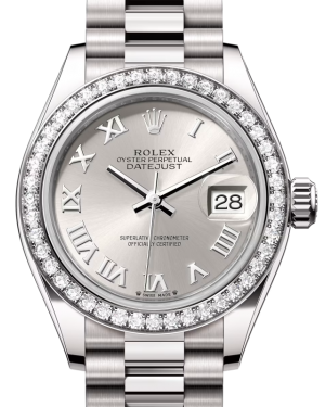 Rolex Lady Datejust 28 White Gold Silver Roman Dial & Diamond Bezel President Bracelet 279139RBR - BRAND NEW