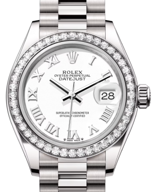 Rolex Lady Datejust 28 White Gold White Roman Dial & Diamond Bezel President Bracelet 279139RBR - BRAND NEW