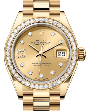 Rolex Lady Datejust 28 Yellow Gold Champagne Diamond IX Dial & Diamond Bezel President Bracelet 279138RBR - BRAND NEW