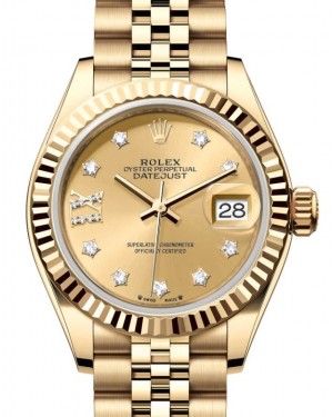 Rolex Lady Datejust 28 Yellow Gold Champagne Diamond IX Dial & Fluted Bezel Jubilee Bracelet 279178 - BRAND NEW