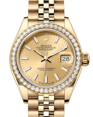 Rolex Lady Datejust 28 Yellow Gold Champagne Index Dial & Diamond Bezel Jubilee Bracelet 279138RBR - BRAND NEW