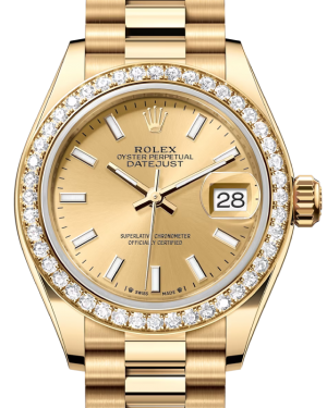 Rolex Lady Datejust 28 Yellow Gold Champagne Index Dial & Diamond Bezel President Bracelet 279138RBR - BRAND NEW