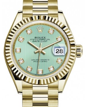 Rolex Lady Datejust 28 Yellow Gold Mint Green Diamond Dial & Fluted Bezel President Bracelet 279178 - BRAND NEW