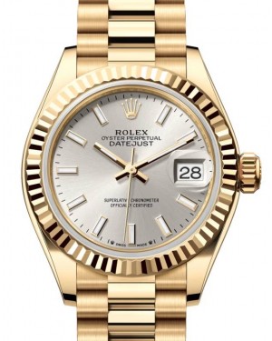 Rolex Lady Datejust 28 Yellow Gold Silver Index Dial & Fluted Bezel President Bracelet 279178 - BRAND NEW