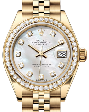 Rolex Lady Datejust 28 Yellow Gold White Mother of Pearl Diamond Dial & Diamond Bezel Jubilee Bracelet 279138RBR - BRAND NEW