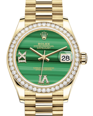 Rolex Lady-Datejust 31 Yellow Gold Malachite Roman Diamond VI Dial & Diamond Bezel President Bracelet 278288RBR - BRAND NEW