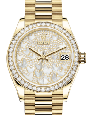 Rolex Lady-Datejust 31 Yellow Gold Mother of Pearl Butterfly Diamond Paved Dial & Diamond Bezel President Bracelet 278288RBR - BRAND NEW