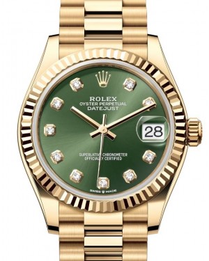 Rolex Lady-Datejust 31 Yellow Gold Olive Green Diamond Dial & Fluted Bezel President Bracelet 278278 - BRAND NEW