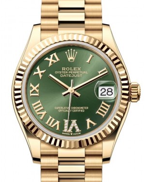 Rolex Lady-Datejust 31 Yellow Gold Olive Green Roman Diamond VI Dial & Fluted Bezel President Bracelet 278278 - BRAND NEW