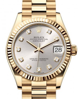 Rolex Lady-Datejust 31 Yellow Gold Silver Diamond Dial & Fluted Bezel President Bracelet 278278 - BRAND NEW