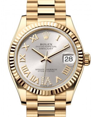 Rolex Lady-Datejust 31 Yellow Gold Silver Roman Diamond VI Dial & Fluted Bezel President Bracelet 278278 - BRAND NEW