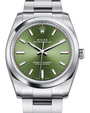 Rolex Oyster Perpetual 34 Stainless Steel Olive Green Index Dial & Smooth Bezel Oyster Bracelet 114200 