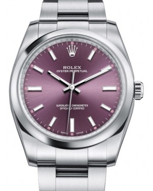 Rolex Oyster Perpetual 34 Stainless Steel Red Grape Index Dial & Smooth Bezel Oyster Bracelet 114200
