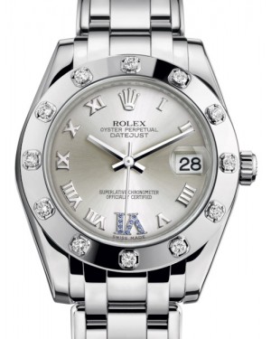 Rolex Pearlmaster 34 White Gold Silver Roman & Sapphire VI Dial & Diamond Set Bezel Pearlmaster Bracelet 81319 - BRAND NEW