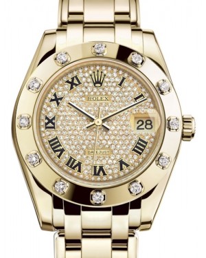 Rolex Pearlmaster 34 Yellow Gold Diamond Paved Roman Dial & Diamond Set Bezel Pearlmaster Bracelet 81318 - BRAND NEW