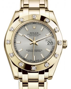 Rolex Pearlmaster 34 Yellow Gold Silver Index Dial & Diamond Set Bezel Pearlmaster Bracelet 81318 - BRAND NEW